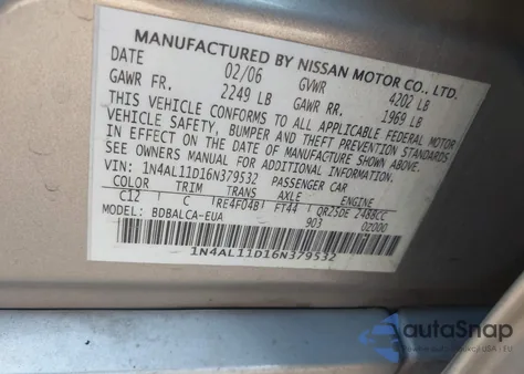 2006 Nissan Altima 2.5 S из США, поврежденный, VIN 1N4AL11D16N379532